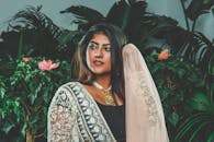 A beautiful South Asian woman poses gracefully in traditional attire with floral background.