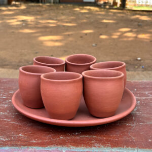 Handmade Terracotta Clay Glass Set – 6 Glasses with Serving Tray (3 Inch)