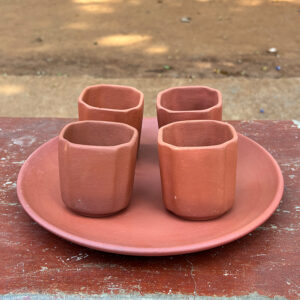 Handmade Terracotta Clay Tea Cup Set – 4 Cups with 10 Inch Tray