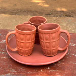 Handcrafted Terracotta Lassi Glass Set with Tray – Set of 3 Clay Glasses