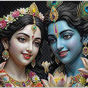 Eternal Radha Krishna Lotus Grace Art Print | Sparkle Finish Divine Wall Painting | Spiritual Home Décor