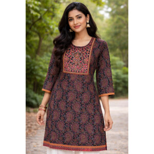 Midnight Paisley Printed Kurti with Mirror Embroidered Yoke