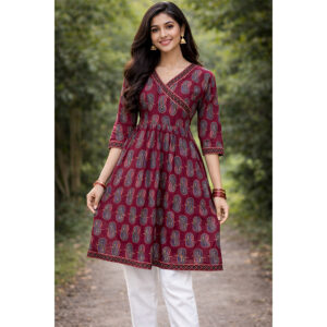 Maroon Long Azarak Printed Frock Kurti