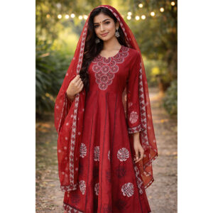 Red Long Agarak Frock 3-Piece Set with Dupatta