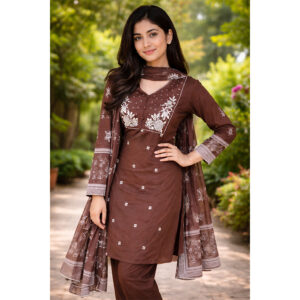 Chocolate Brown Embroidered 3-Piece Ethnic Set