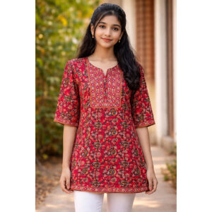 Red Handblock Printed Cotton Short Kurti – Traditional Ethnic Wear for Women