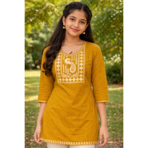Mustard Yellow Cotton Slub Kurti – Embroidered Paisley Ethnic Short Kurti