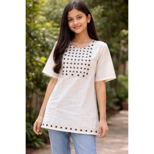 Beige Cotton Mirror Work Kurti – Handcrafted Ethnic Short Kurti