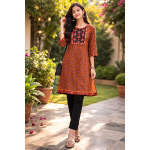 Azarkh Rust Floral Printed Kurti with Embroidered Yoke