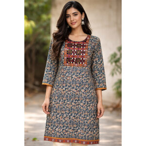 Azarkh Blue Floral Printed Kurti with Embroidered Yoke