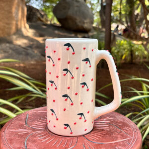 Hand-Painted Cherry Blossom Ceramic Tall Mug – 3" x 6" Textured Artisan Stein