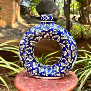 Hand-Painted Blue Ring Ceramic Vase – Decorative Hollow Flower Vase (10 Inch)