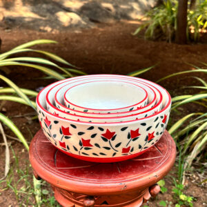 4-Piece Hand-Painted Ceramic Bowl Set – Red Floral Design (8”, 7”, 6”, 5”)