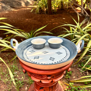 12-Inch Ceramic Serving Plate with Attached 2 Cups – Hand-Painted Design