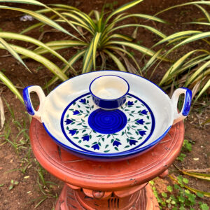 10-Inch Ceramic Serving Plate with Attached Cup – Hand-Painted Blue Floral Design