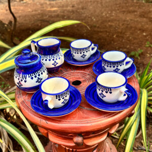 6-Piece Mini Ceramic Tea Set – 4 Cups with Saucers, Tea Jar & Milk Jar (Blue & White Design)