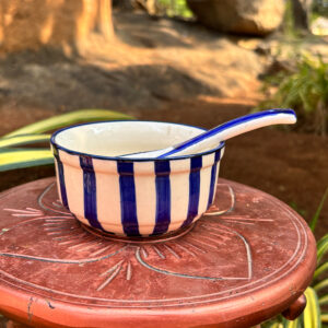 Striped Ceramic Soup Bowl with Spoon set of 6 – 4.5-Inch Serving Bowl (2.5-Inch Height)