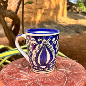 Handcrafted Blue Pottery Ceramic Mug – 4.5-Inch Floral Design