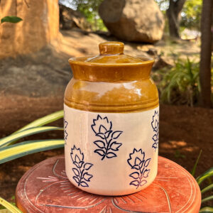 5-Inch Handcrafted Ceramic Storage Jar with Lid – Mustard & Cream Floral Design