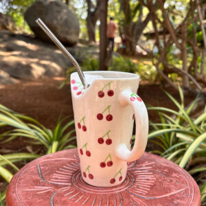 Cherry Bliss Ceramic Mug with Steel Straw