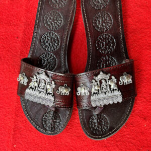 Handcrafted Camel Leather Sandals with Traditional Silver Tribal & Elephant Motifs