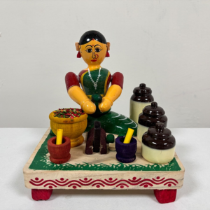Hastha Kalalu Traditional Etikopakka Lady Preparing Mango Pickle Wooden Doll | Handcrafted Lacquer Painted Kitchen Toy & Home Décor Showpiece | Multi-Colour | 5 Inches