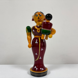 Wooden Etikopakka Lacquer Color Painted Mother & Child Figurine | Handcrafted Traditional Showpiece for Home Décor & Gifting | 9.5 Inches (24 cm)