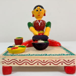 Handcrafted Etikoppaka Rolu with One Lady Wooden Toy | Traditional Kitchen Scene Showpiece | Multi-Colour | 5 Inches (5 × 5 cm)