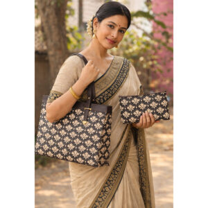 Tote bag,  floral print canvas body ,   Size 13" wide X 11" long with 5 " base