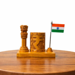 Wooden Ashoka Pillar Pen Stand with Indian Flag – 4.5 Inch Height (5 x 2.5 Inch Base)