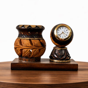 Kondapalli Wooden Pen Stand with Mini Table Clock – 4 Inch Height (5 Inch Base)