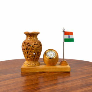 5 Inch Wooden Pen Stand with Clock & Indian Flag – Handcrafted Desk Organizer