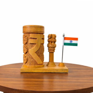 7 Inch Kondapalli Wooden Pen Stand with Ashoka Pillar & Indian Flag – 4 x 6 Inch Base
