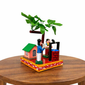 10 Inch Kondapalli Wooden Village Well Scene Showpiece – Handcrafted Rural Life (6x6 Inch Base)