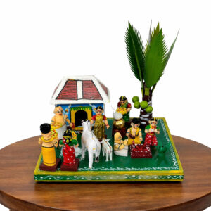 8 Inch Kondapalli Wooden Village Festival Scene Showpiece – Handcrafted Rural Celebration (12x9 Inch Base)