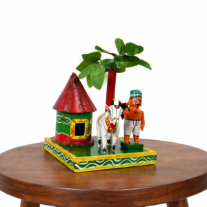 8 Inch Kondapalli Wooden Farmer with Cow Hut Scene – Handcrafted Village Décor (6x6 Inch Base)