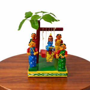9 Inch Kondapalli Krishna on Swing Figurine – Traditional Handcrafted Festival Scene (6x6 Inch Base)