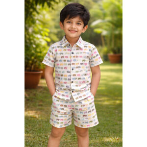 Kids Elephant Print Hand Block Cotton Co-ord Set – Shirt & Shorts (Half Sleeves)