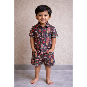 Kids Hand Block Printed Cotton Co-ord Set – Tribal Elephant,Horse Print Shirt & Shorts