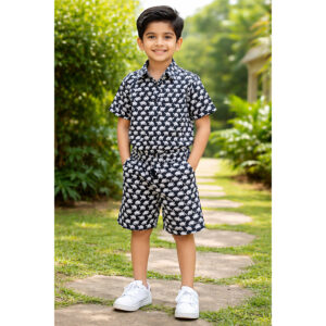 Kids Penguin Print Hand Block Cotton Co-ord Set – Shirt & Shorts (Half Sleeves)
