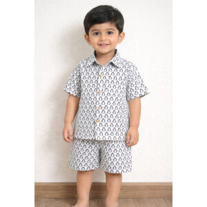 Kids Kangaroo Print Hand Block Cotton Co-ord Set – Shirt & Shorts (Half Sleeves)