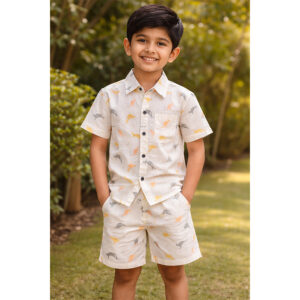 Kids Hand Block Printed Cotton Co-ord Set – Vintage Car Print | Half Sleeves Shirt & Shorts