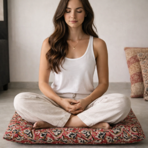 Floor Mat Puja Aasan | Velvet Makhmal Fabric with Microfiber Cushion Filling | 18x18 Inches Pooja Mat for Prayer, Meditation, Dinner, Yoga & Home UseRED AND BLACK AND LEAVES SHAPE|