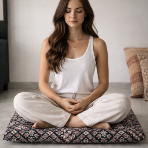 Floor Mat Puja Aasan | Velvet Makhmal Fabric with Microfiber Cushion Filling |  BLACK AND BROWN |18x18 Inches Pooja Mat for Prayer, Meditation, Dinner, Yoga & Home Use