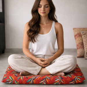 Floor Mat Puja Aasan | Velvet Makhmal Fabric with Microfiber Cushion Filling | 18x18 Inches Pooja Mat for Prayer, Meditation, Dinner, Yoga & Home Use |RED|