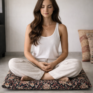 Floor Mat Puja Aasan | Velvet Makhmal Fabric with Microfiber Cushion Filling | 18x18 Inches Pooja Mat for Prayer, Meditation, Dinner, Yoga & Home Use |BLACK FLOWER|