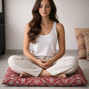 Floor Mat Puja Aasan | Velvet Makhmal Fabric with Microfiber Cushion Filling | 18x18 Inches Pooja Mat for Prayer, Meditation, Dinner, Yoga & Home Use |RED|