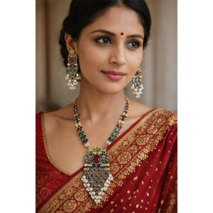 Royal Multicolor Gemstone Temple Necklace Set with Pearl Drops