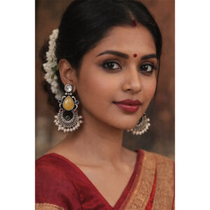 Antique Silver Teardrop Statement Earrings with Pearl Fringe