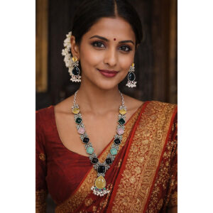 Multicolor Stone Oxidized Silver Necklace Set with Statement Pendant